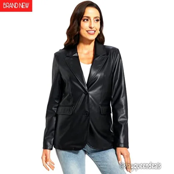 Oversized Vegan Leather Blazer Moto Jacket Women's Faux Leather Coat